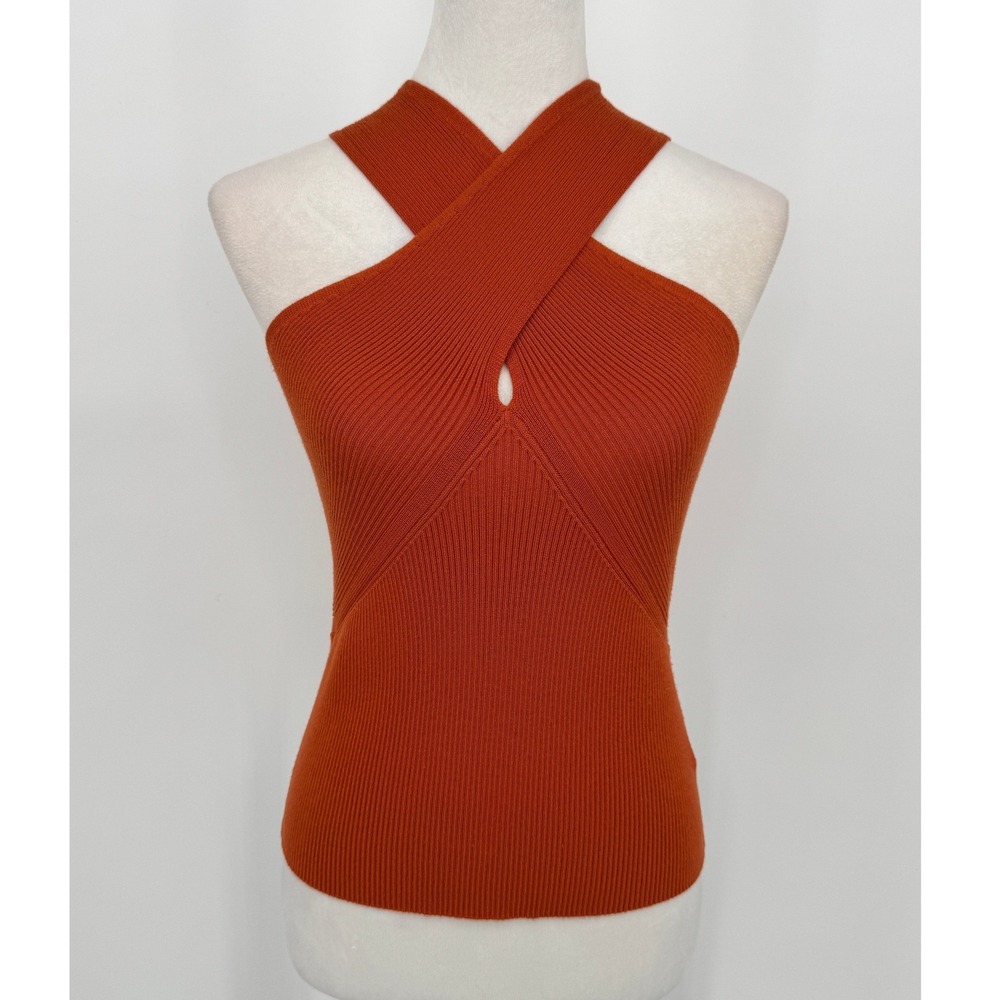 Anthropologie Halter Tank Top Medium Orange Ribbed Knit Criss Cross Keyhole NWT